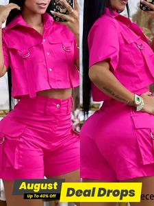 Two-piece Set Women's Shortsleeve Solid Button Front Crop Top & Shorts Set, Casual Basic Short Sleeve Collared Top & Shorts for Summer, Ladies Clothes for Daily Wear, Womenswear, Cute Summer Outfits Set, Matching Shorts Set