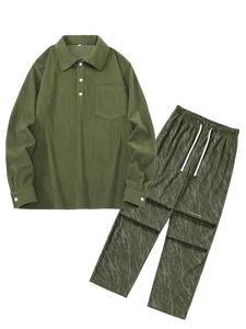 Men's Solid Long Sleeve Button Front Shirt & All Over Print Pants Set, Casual Fashion Cozy Breathable Two-piece Outfits for Daily Wear, Men's Clothes for Spring & Fall