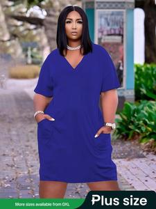 Plus Size Plain Pocket V Neck Tee Dress, Casual Drop Shoulder Short Sleeve Dress for Summer, Women's Plus Clothing for Daily Wear