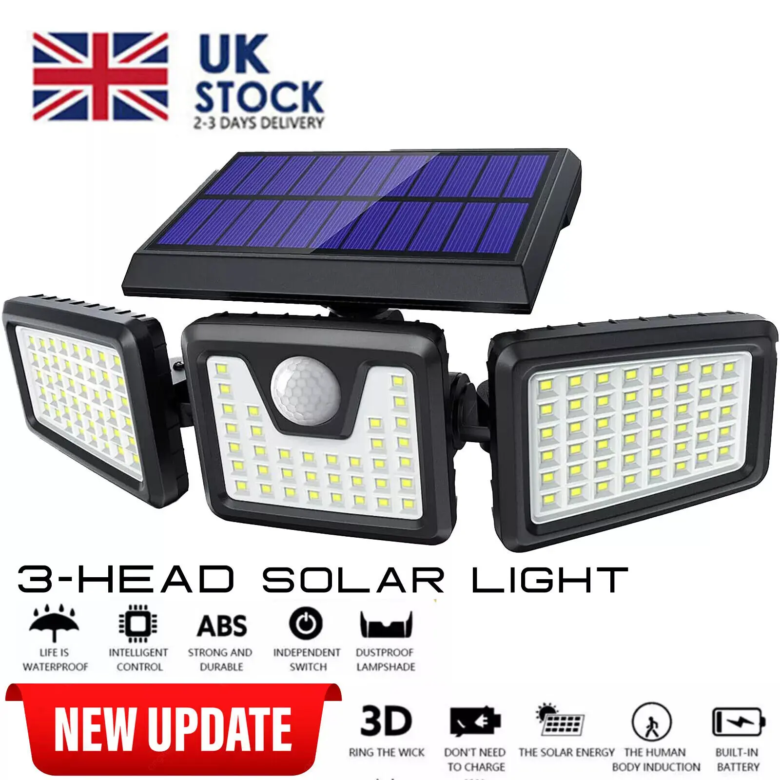 3-Headed Solar Security Light - Ultra Bright LED Motion Sensor Outdoor Wall Lamp (2000LM) - 270° PIR Detection for Gardens/Driveways - IP65 Waterproof - UK Weatherproof Design