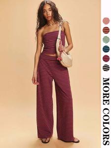 Women's Striped Print Crop Tube Top & Wide Leg Pants Set, Street Fashion Casual Two-piece Set for Daily Wear, Ladies Summer Clothes, Cute Summer Outfit, Striped Sets