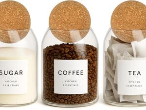 Tea Coffee and Sugar Canisters Set - Set of 3 Unique Cork Ball 500ml Glass Jars - Perfect Sugar Tea Coffee Set Organiser Containers Kitchen Utensils