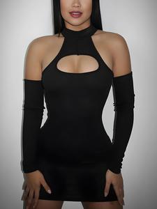 Women's Solid Cut Out Backless Bodycon Dress, Fashion Long Sleeve Ribbed Dress for Party Club Dating Wear, Women Dress for Spring Fall
