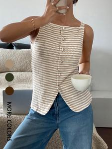 Women's Striped Print Button Vest Jacket, Casual Sleeveless Top for Summer, Ladies Clothes for Daily Wear