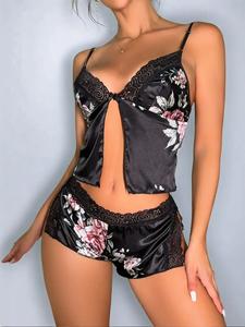 Two-piece Set Women's Floral Print Contrast Lace Pajama Set, Casual Regular Fit Sexy Style Elegance Backless Camisole Top & Split Thigh Shorts, Lady Breathable Lounge Co-ord Set for Summer, Womenswear, Sleep Sets, Breathable Loungewear