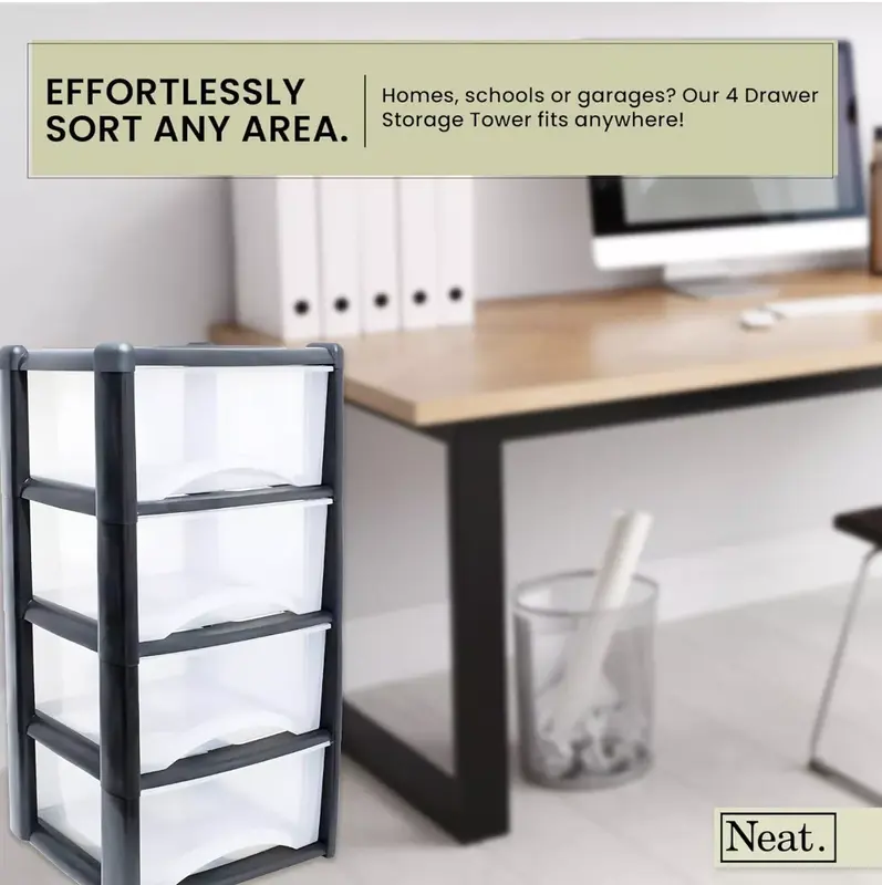 LARGE 4 PLASTIC DRAWERS -TOWER UNIT TROLLEY CHEST DRAWER SCHOOL OFFICE HOME 1