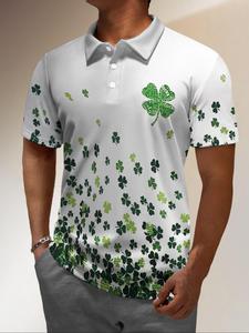 Men's Regular Fit Clover Print Polo Shirt, Casual Classic Short Sleeve Button Collared Top for Daily Outdoor Wear, Fashion Men's Clothes for All Seasons