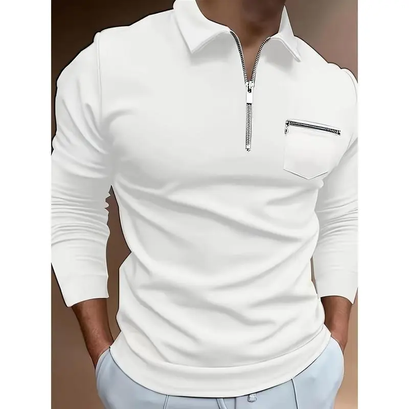 Solid Color Men's Comfy Long Sleeve Zipper Lapel Shirt With Chest Pocket, Spring Fall Men's Pullover Top