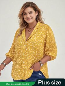【Plus Size】 Ditsy Floral Print Curved Hem Shirt, Casual Button Front Rolled Sleeve Collared Top for Daily Wear, Women Plus Clothing for All Seasons ＆ Spring, Blouse, Clothes for Women