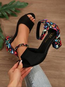 Women's Fashionable Floral Pattern Design Ankle Strap Sandals, Casual Comfortable Heeled Sandals for Summer, Female All-match Shoes for Daily Wear, Girl
