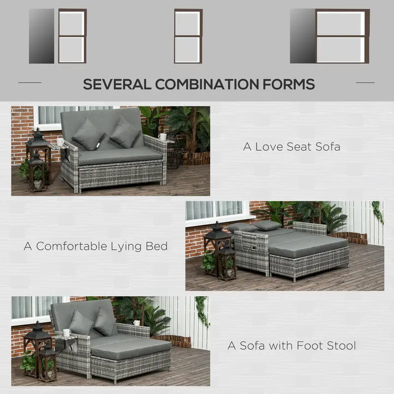 2 Seater Assembled Garden Patio Outdoor Rattan Furniture Sofa Sun Lounger Daybed with Fire Retardant Sponge - Grey 4