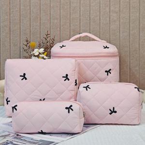 Bow Pattern Makeup Bag Set, 4 Counts/set Large Capacity Cosmetic Storage Bag, Zipper Makeup Organizer Pouch for Travel, Office, Home, Compact