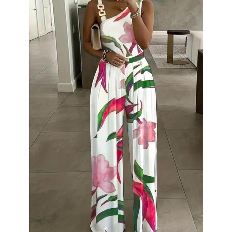 Women's Floral Print Ring Linked Asymmetrical Neck Plicated Jumpsuit, Boho Casual High Waist Wide Leg Jumpsuit for Summer, Summer Clothes 2