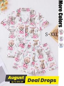 Women's All Over Floral Print Shortsleeve Shirt & Elastic Waist Shorts Pajama Set, Cute Casual Comfy Short Sleeve Top & Shorts Pj Set, Ladies Sleepwear Loungewear for All Seasons, Sleepwear Summer Pajamas Set, Soft Lounge Sets, Womenswear, Pyjama Set