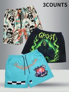 Men's Regular Fit Ghost & Letter Print Shorts, Casual Comfy Breathable Shorts for Summer, Men's Shorts for Daily Wear