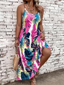 Plus Size Feather Print Cami Dress, Bohemian Print Dresses, Boho Scoop Neck Spaghetti Strap A Line Dress for Beach Holiday Vacation, Women's Clothes for Summer