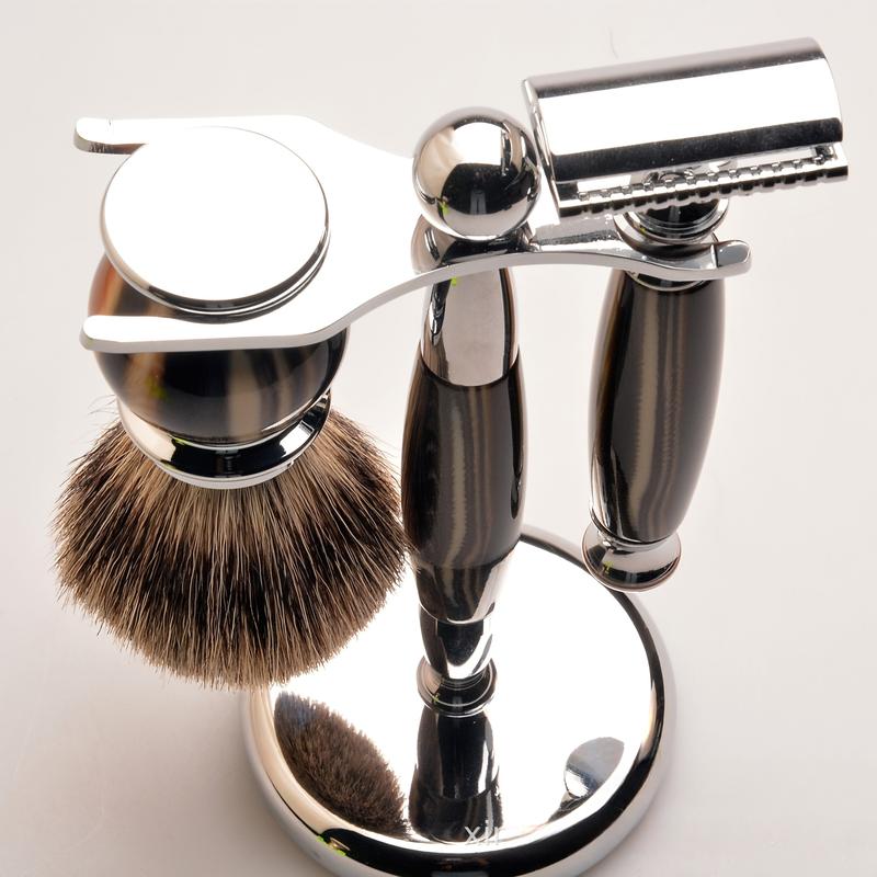Good Oasis  A Pack of 3 Premium Shaving Items: Razor, Badger Hair Brush, and Metal Stand. Great for Flawless Beard and Mustache Grooming, Enabling Sleek Shaving and a Smooth Finish to Enhance Your Beard Styling Game. 1
