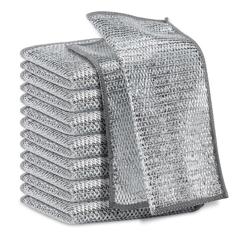 Five-strip silver-threaded dishwashing cloths can replace steel wool and are less likely to shed fibers. They are multi-functional cleaning tools for washing dishes, scrubbing pots and pans, and wiping surfaces at home. 0