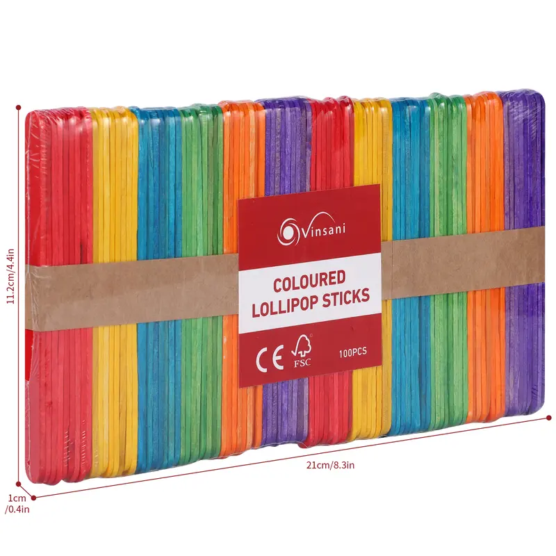 Vinsani 100 / 300 / 500pcs Coloured Wooden Lolly Sticks – Smooth Craft Popsicle Kids Lollipop Sticks - Perfect for Desserts (Ice Creams, Cakesicles, Lollypops), Kids DIY Art Project and Crafts – 11.2 X 1CM 4