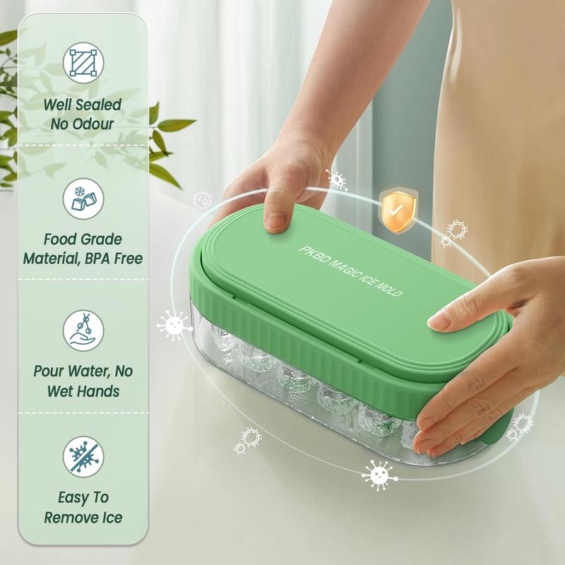 Ice Cube Tray with Lid and Bin, Press-Type Silicone 18PCs Ice Cube Moulds for Freezer, Easy Release, Quick Filling Without Touching, Ice Tray for Whiskey Cocktail, Tea, Coffee, Green 3
