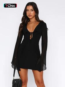 Women's Plain Ruffle Trim Tie Front Sheer Chiffon Dress, Elegant Deep V Neck Flounce Sleeve Bodycon Dress for Party Holiday Wedding Guest, Ladies Fall Clothes Valentine's Day, gift, Womenswear