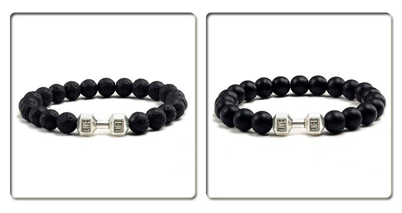 Product Introduction of Natural Volcanic Stone Bracelet Men Matte Black Lave White Beads Charm Dumbbell Strand Bracelets Women Barbell Fitness Jewelry 19