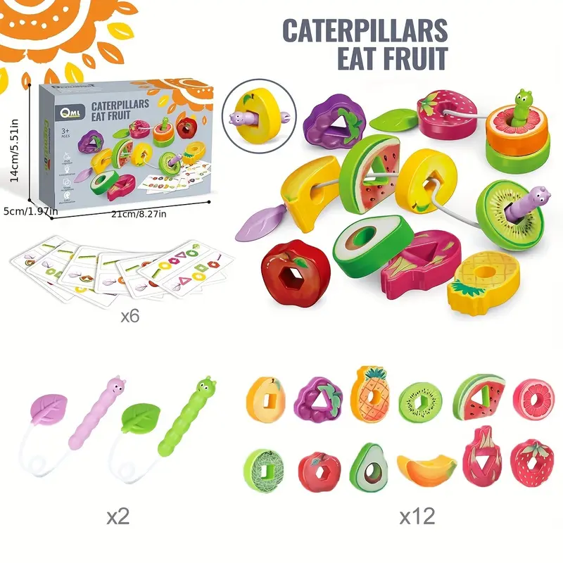 Wooden Animals Caterpillar Eat Fruits String Threading Beads Montessori Toddler Preschool Activities Lacing Toys for Kids 1