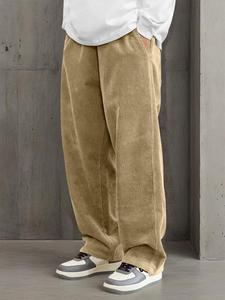 Men's Solid Drawstring Waist Corduroy Pants, Loose Casual Comfy Pocket Straight Leg Trousers for Fall & Winter, Men's Bottoms for Daily Wear