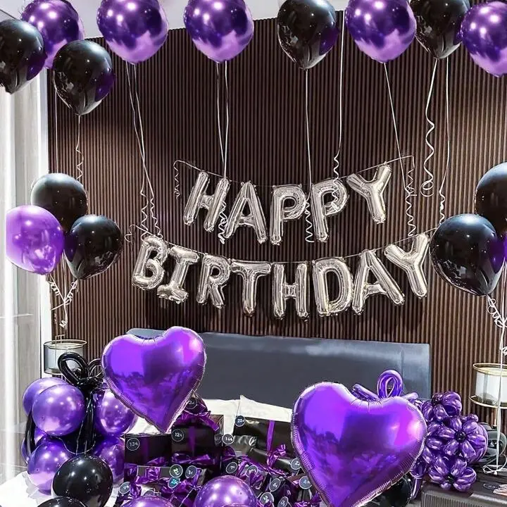 61pcs/Set 16-Inch Silver Happy Birthday Letter Foil Balloon with Black, Purple Latex Balloons & Heart Foil Balloons helium kit