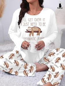 【Plus Size】 Two-Piece Set Cartoon Animals Print Tee & Elastic Waist Pants Pyjama Set, Casual Comfy Round Neck Long Sleeve T-shirt & Trousers PJ Set, Women's Sleepwear for Spring & Fall