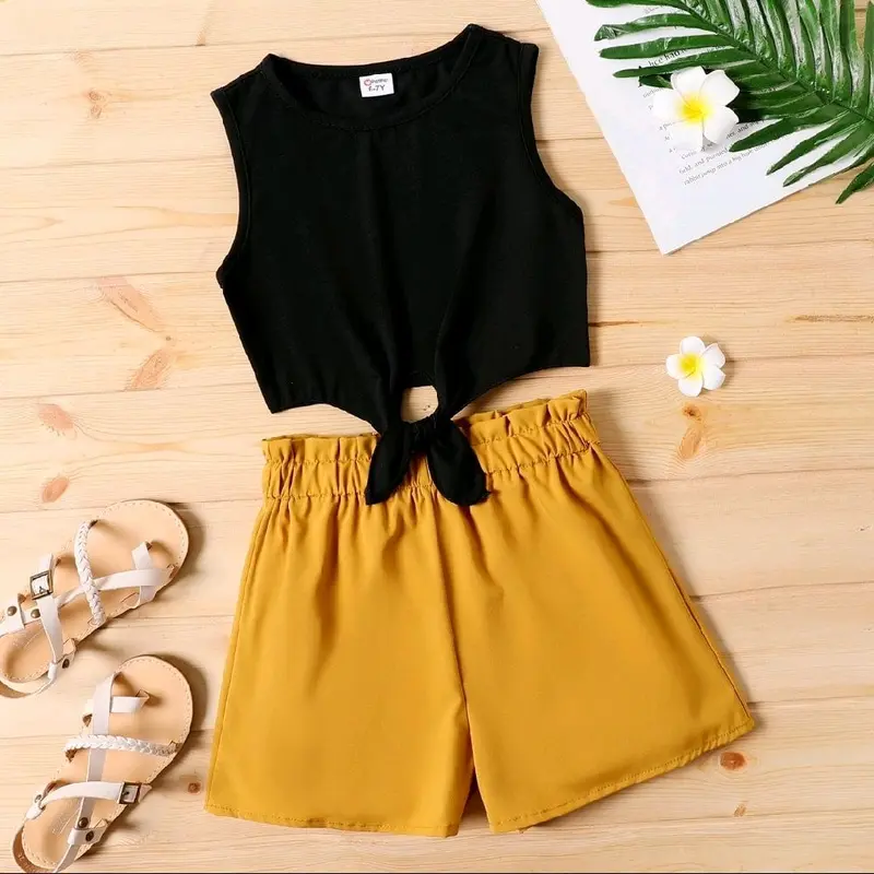 Girls Tie Knot Sleeveless Top & Paperbag Shorts Set 3