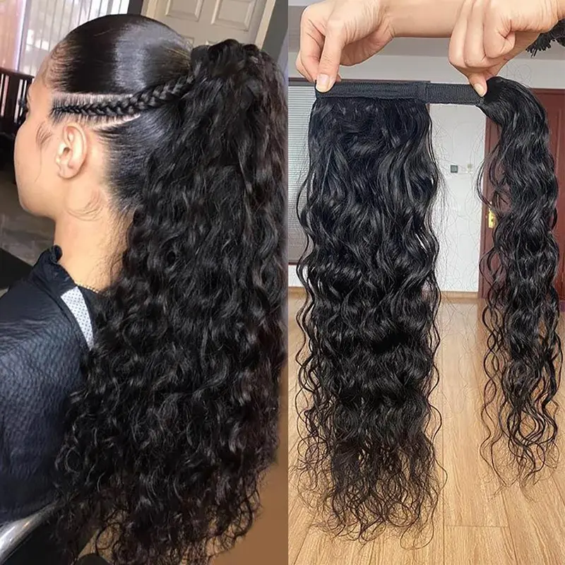 Water Wave Ponytail Human Hair Extensions Wrap Around Ponytail Drawstring Ponytail Brazilian 9A Hair Pony Tail Clip in Hairpiece 0