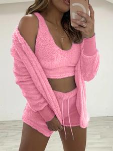 Women's Solid Hoodie Outwear & Tank Top & Shorts Plush Fluffy Pajamas Set, Casual Comfy Pastel Color Three-piece Sleepwear Set for Women, Women's Lounge Set for Winter, Fluffy Pajamas, Boo Basket Items for Gf, Loungewear