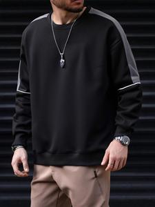 Men's Patchwork Striped Print Drop Shoulder Sweatshirt, Loose Casual Long Sleeve Round Neck Pullover for Fall & Winter, Men's Clothes for Daily Wear