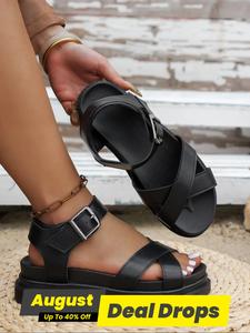 Women's Fashionable Plain Color Cross Strap Buckle Design Platform Sandals, Versatile Black Casual Trendy Strappy Sandal for Summer, Footwear, Elegant Minimalist Boho Style Soft Bottom Sandals, Walking Shoes, Chic Summer Footwear