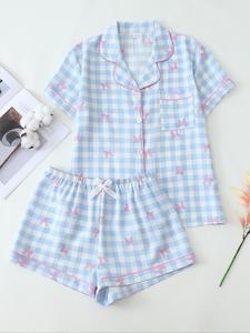 Women's Plaid & Bow Print Pyjama, Casual Comfy Short Sleeve Lapel Neck Pajama Top & Shorts Pj Set, Ladies Sleepwear for Spring & Fall, Pastel Cute Pajamas, Matching Womenswear