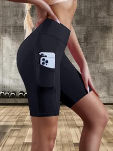Women's Solid Color Pocket Gym Shorts, High Stretch Yoga Shorts, Ladies Sportswear for Indoor Outdoor Wear