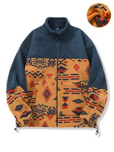 Men's Colorblock Ethnic Pattern Zip Up Plush Jacket, Thermal Warm Loose Casual Long Sleeve Stand Collar Drawstring & Pocket Design Outerwear for Fall & Winter, Men's All-Match Clothes for Daily Wear