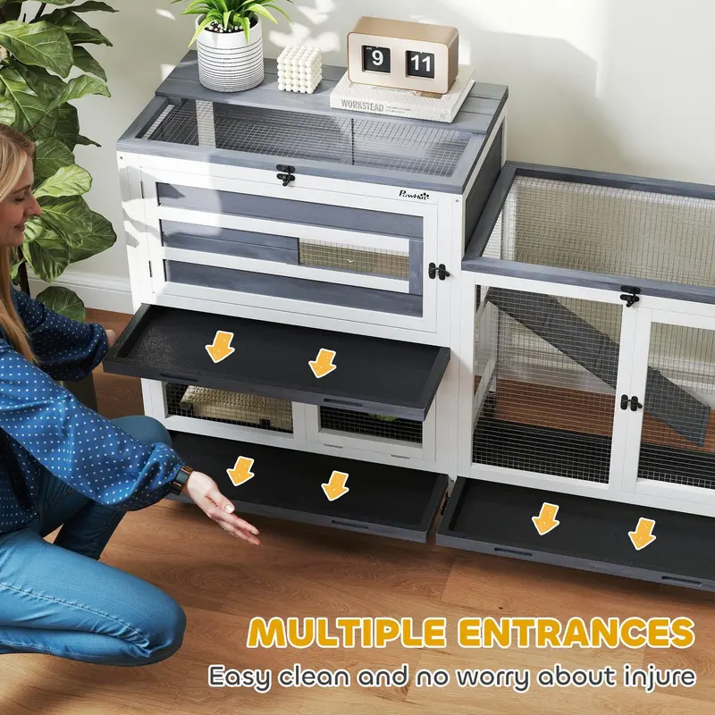 Wooden Rabbit Hutch with Run 2 Tier Guinea Pig Cage on Wheels 3 Trays 2 Openable Tops by PawHut 4