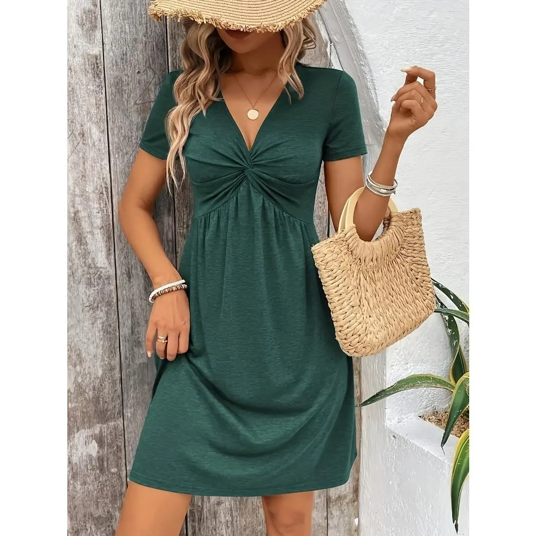 Twist Front V-neck Dress, Elegant Short Sleeve A-line Dress For Spring & Summer, Women's Clothing