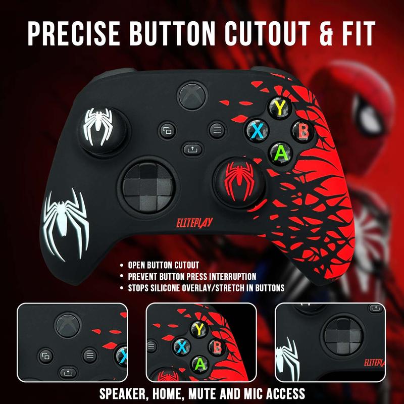 Black and Red Spider Anti-Slip Silicone Cover Skin for Xbox Controller with 2 Sets Thumb Grips 3