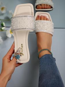 Fashionable Rhinestone Decorated Slide Sandals, Casual Comfortable Flat Sandals for Summer, Lightweight Breathable Shoes for Daily Wear, Women