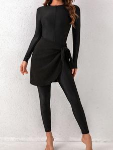 Women's Solid Long Sleeve Rashguard Three-Piece Set, Casual Zip Up Swimwear Top & Pant & Knot Side Cover Up Skirt Set for Beach Swimming, Ladies Swimsuit for All Seasons