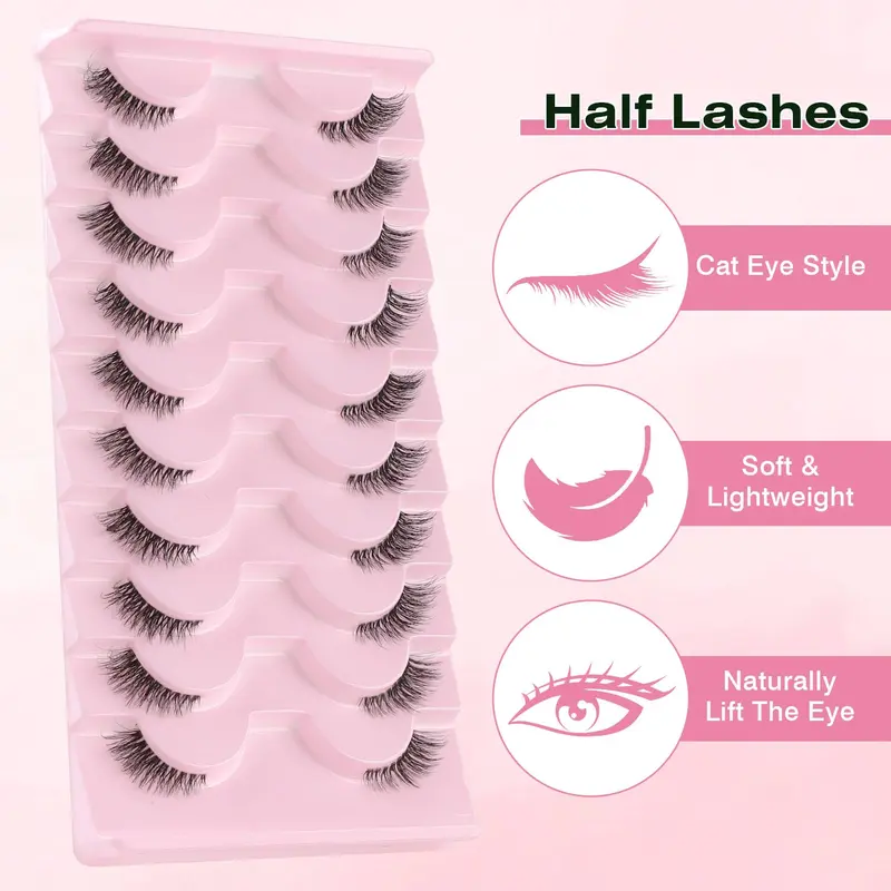 False Eyelashes with Clear Band Half Lashes Natural Look 10 Pairs Cat Eye Wispy Corner Lashes Reusable 3/4 Transparent Fake Lashes 2