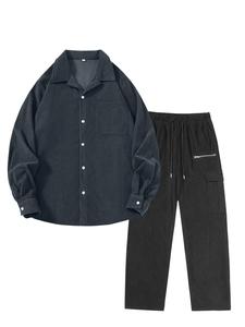 Men's Solid Color Corduroy Shirt & Pants Set, Loose Casual Long Sleeve Button Up Top & Straight Leg Trousers 2 Piece Set for Spring & Fall, Fashion Men's Two-piece Outfits for Daily Wear