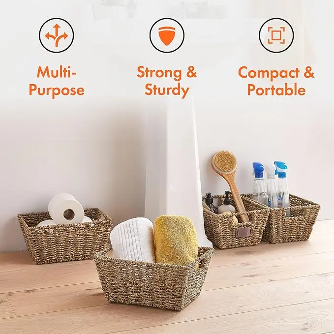 VonHaus Seagrass Storage Baskets, Set of 4 Hand-Woven Display Hampers - Bathroom Storage Baskets for Shelves - Nesting Natural Wicker Seagrass Baskets for Storage w/Handles for Bedroom & Home Office 3