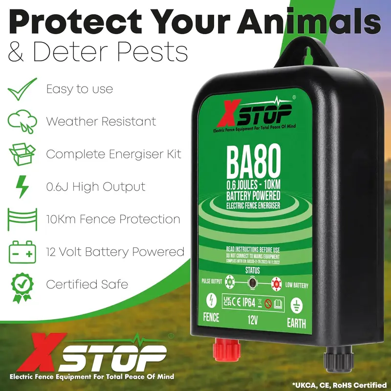 12 Volt Battery Powered Electric Fence Energiser XSTOP BA80 10Km Range, 0.6 Joule Output, Weatherproof Kit Includes Leads and Earth Stake. For Horses and Other Animals 1