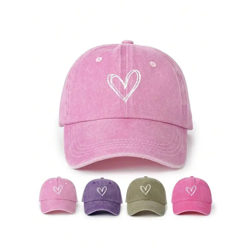 1pc Embroidered Heart Kid's Washed Baseball Cap, Adjustable Outdoor Sun Hat For Spring, Autumn Travel, Beach, Y2k Style For Boys And Girls 0