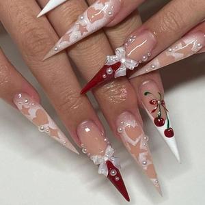 Cherry & Bow Decor Fake Nails, 10pcs/set Long Stiletto Press on Nails for Women & Girls DIY Nail Art, Elegant Stick on Nails Kit