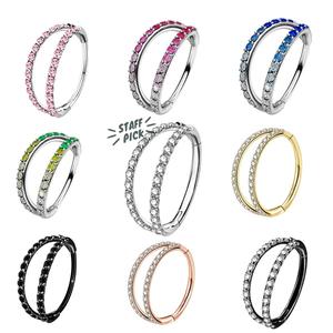 Oufer 20G AAA+ Grade CZ Hinged Double Row Nostril Piercing Nose  Ear Hoop Ring Inner Diameter 5mm 6mm 7mm 8mm 9mm 10mm 11mm 12mm 316L Stainless Steel